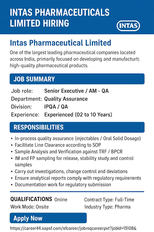 Intas Pharmaceuticals Quality Assurance Senior Executive Job Details